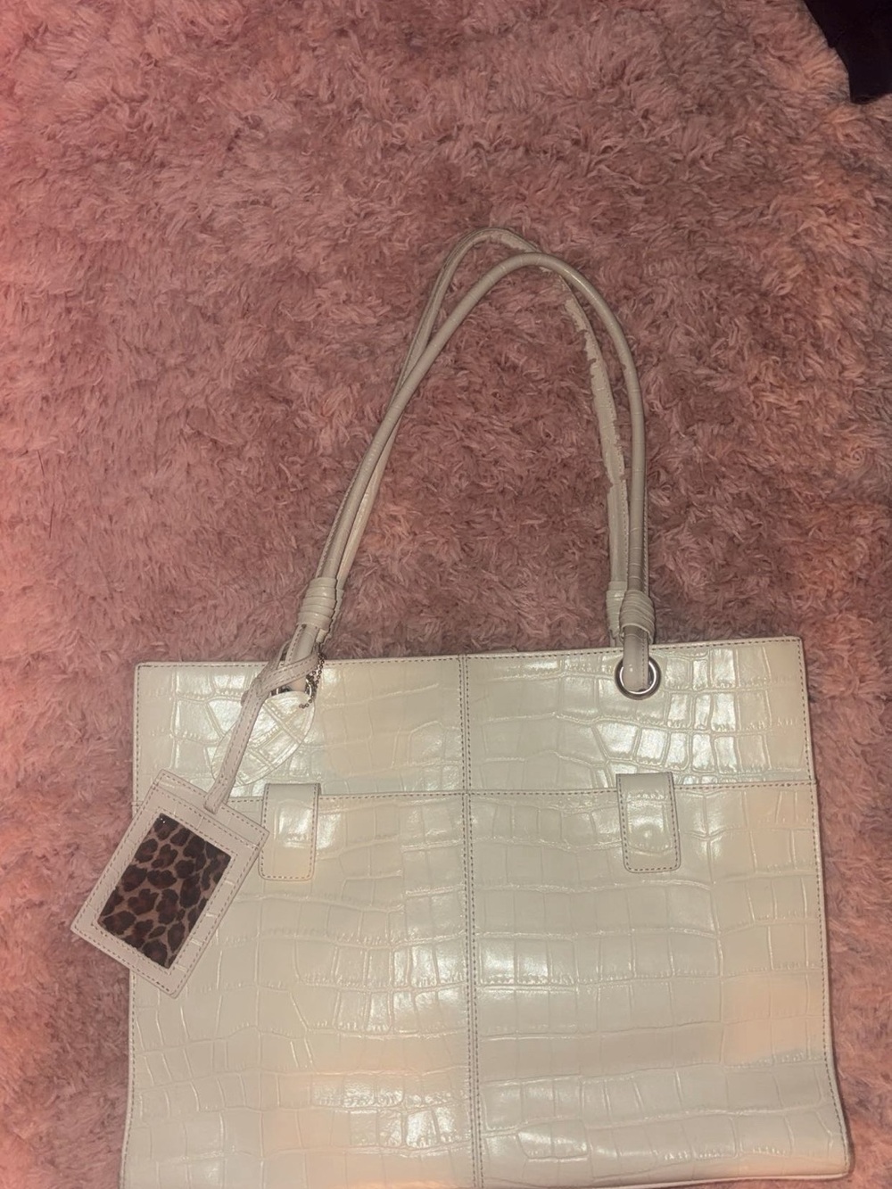 Wilsons Leather Cream Croc-Embossed Tote with Leopard ID Tag